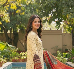 Cream & Red Printed Lawn 3-Piece Suit – M n M by Ittehad Vol 1