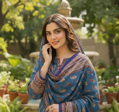 Steel Blue Paisley Printed Lawn 3-Piece Suit – M n M by Ittehad Vol 1