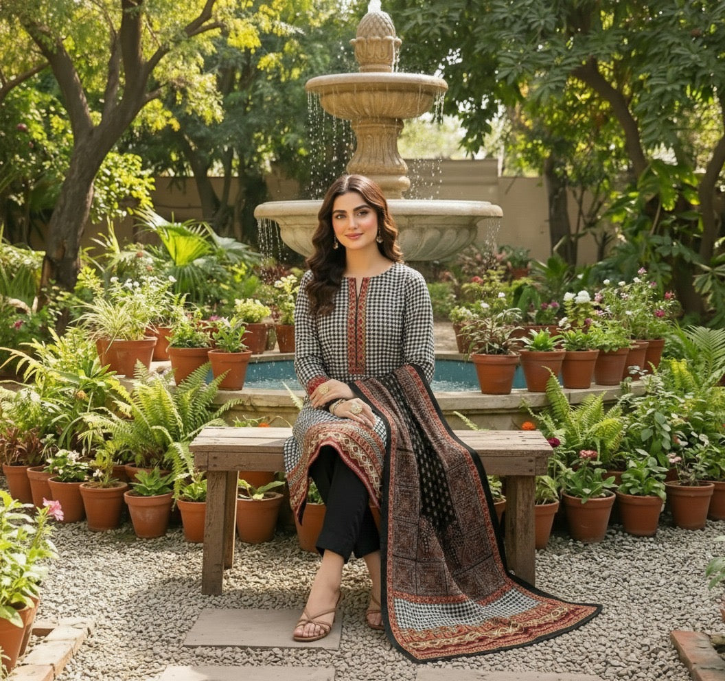 Black & White Houndstooth Printed Lawn 3-Piece Suit – M n M by Ittehad Vol 1