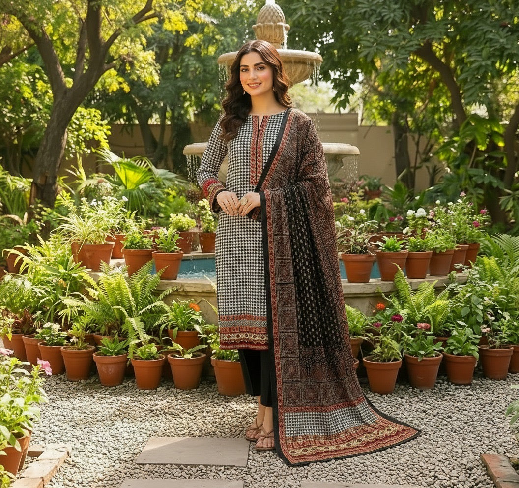 Black & White Houndstooth Printed Lawn 3-Piece Suit – M n M by Ittehad Vol 1