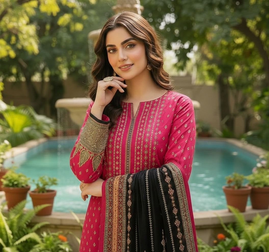 Hot Pink Printed Lawn 3-Piece Suit – M n M by Ittehad Vol 1