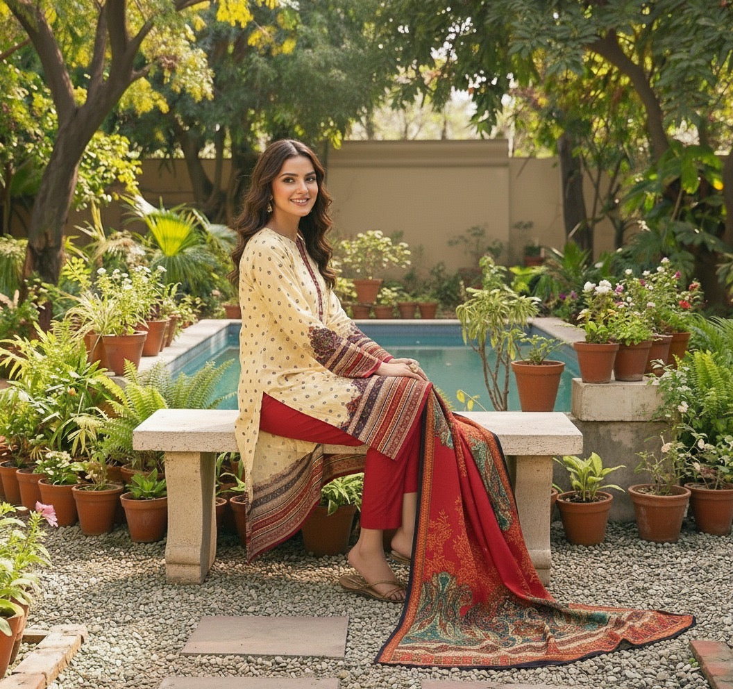 Cream & Red Printed Lawn 3-Piece Suit – M n M by Ittehad Vol 1