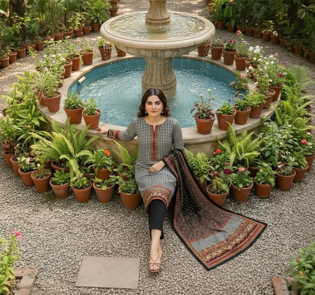 Black & White Houndstooth Printed Lawn 3-Piece Suit – M n M by Ittehad Vol 1