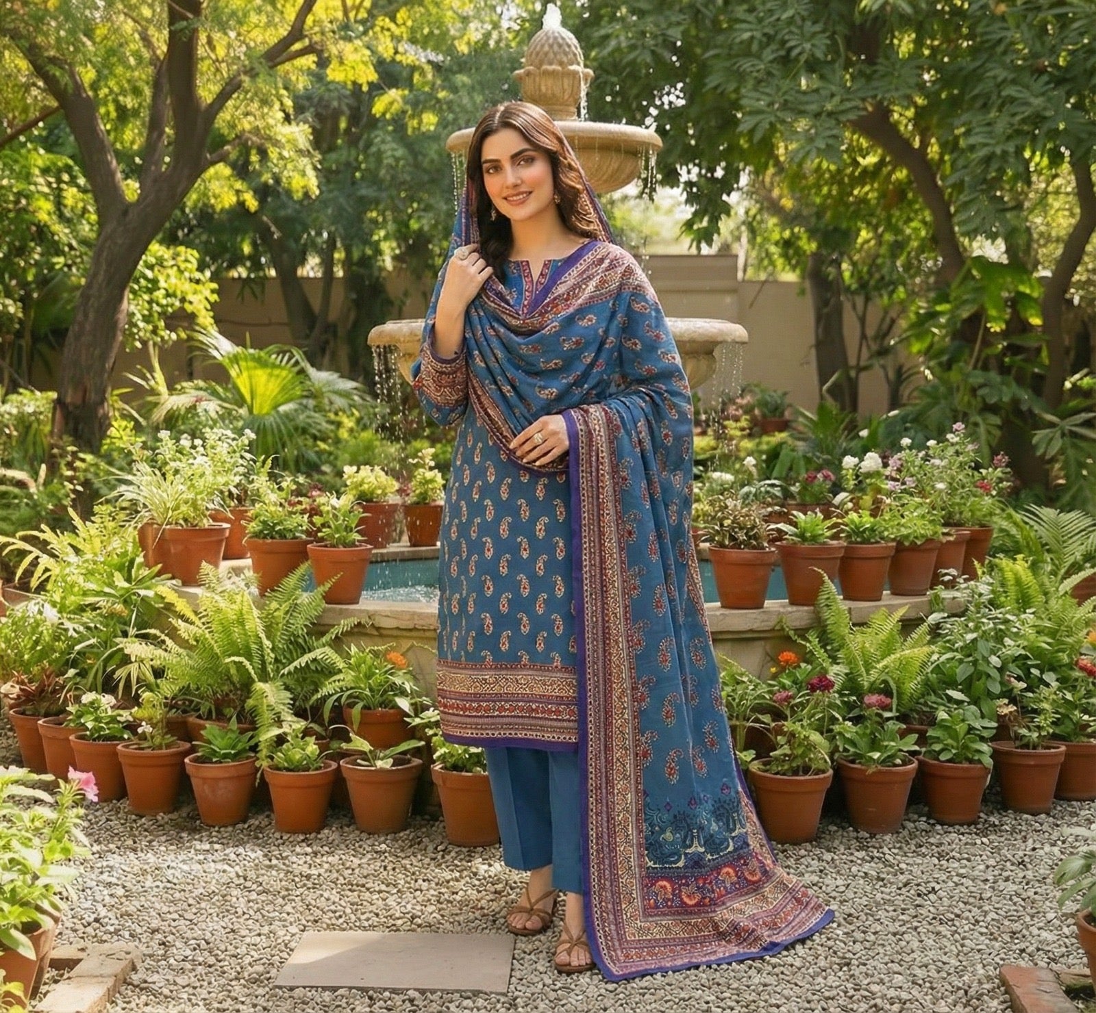 Steel Blue Paisley Printed Lawn 3-Piece Suit – M n M by Ittehad Vol 1
