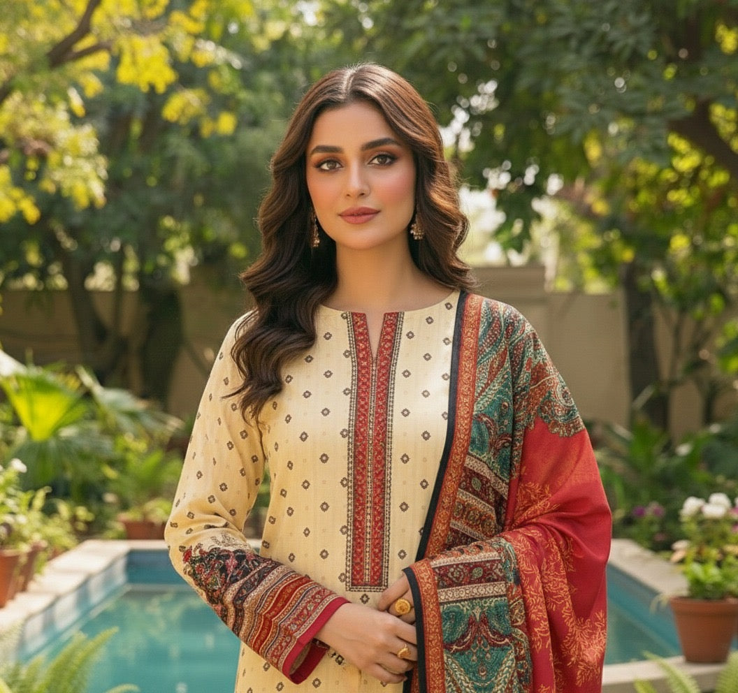 Cream & Red Printed Lawn 3-Piece Suit – M n M by Ittehad Vol 1