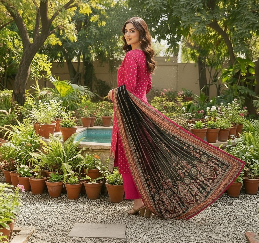 Hot Pink Printed Lawn 3-Piece Suit – M n M by Ittehad Vol 1