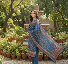 Steel Blue Paisley Printed Lawn 3-Piece Suit – M n M by Ittehad Vol 1